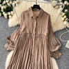 Spring Vintage Loose Dresses Women Lantern Sleeve Turn-down Collar Solid Single Breasted Casual Folds Long Dress