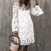 Autumn Women's Solid Color Dress Ethnic Style Sexy Lace Hollow Flower Temperament Elegant Casual Long Sleeved Knee Length Dress