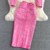 Denim 2 Piece Sets Jacket Skirt Women Suit Long Skirts Outerwear Outfits Single Breasted Pockets Washed Coat Ensemble