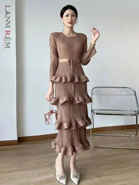 Long Pleated Dress Women Round Neck Solid Color Ruffles Cake Belt Dresses Multi-layer Female Elegant Clothing 2R6863