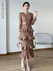 Long Pleated Dress Women Round Neck Solid Color Ruffles Cake Belt Dresses Multi-layer Female Elegant Clothing 2R6863