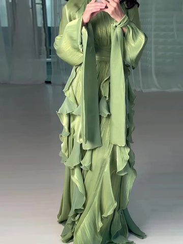 Spring Fall Elegant Evening Long Dress Women Half-high Collar Waist Slim Holiday Dress Casual Ruffled Solid Party Dress