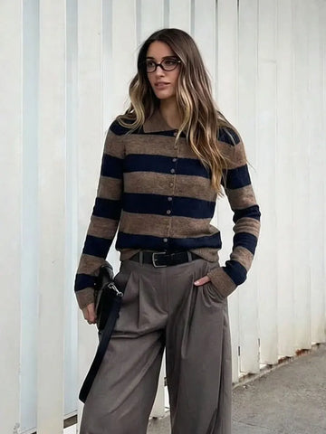 Spring Women Vintage Knitted Cardigan Top Long Sleeve Single Breasted Lapel Striped Sweater Casual Office Lady Chic Knit Coat