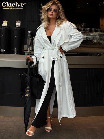 Loose White Women's Trench Coat Winter Lapel Long Sleeve Coats Elegant Classic Belt Top Female Clothing