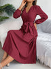 Spring Autumn Elegant Buttons V Neck Lantern Long Sleeve Lace Up Pleated Dress Khaki Blue Red Green Black Women Dresses
