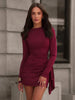 Sexy Pleated Ribbon Short Dress Women Solid Long Sleeve Slim Empire Hip Package Party Dress Spring Night Club Robe
