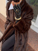 Casual Brown Lace Up Faux Fur Coat Women Turtleneck Full Sleeve Fluffy Loose Striped Long Coats Lady Winter Daily Street Jacket