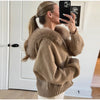 Casual Knit Hoodie Cardigan Women Long Sleeves Zipper Faux Fur Patchwork Coats Female Autumn Winter Solid Thick Knitwears