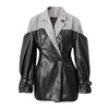 PU Leather Patchwork Blazer Women's Lapel Slim Double Breasted Long Sleeves Suit Jacket Autumn 7A1518