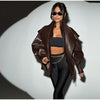 Solid PU Leather Jacket Women Turn-down Collar Zipper Front Puffy Sleeves Stylish Coat Spring Casual Lady Outerwear