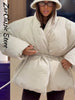 Casual Women's Winter Jacket Solid V Neck Tie-waist Full Sleeve Loose Puffy Padded Coats Street Warm Outwear