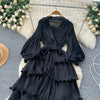 High End Party Ruffles Runway Dresses Women Lantern Sleeve Lace-up Loose Stretch Celebrity Beautiful Long Dress