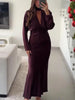 Women Satin V neck Dress Long Dresses With Scarf Chic Elegant Dresses Women Long Sleeve Casual Dress