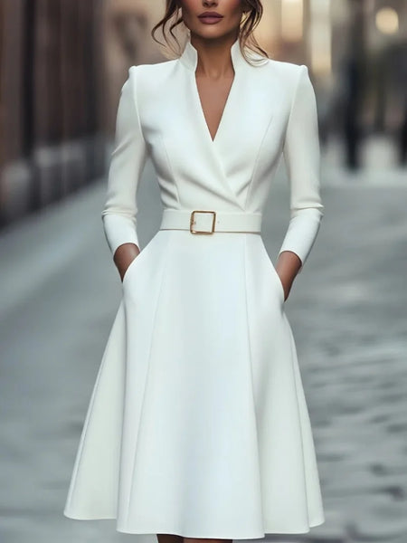 Women Long Sleeve V Neck Midi Dress With Belt A Line Swing Skirt Elegant Office Party Cocktail Wear