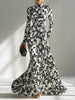 Flower Print Long Sleeve Elegant Maxi Dress Women Gown Spring Ruched Bodycon Mock Neck Long Dresses Female