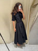 Elegant Belt Women Long Black Dress Full Sleeve Pleated Lapel Waist-Closed Female A Line Dresses Spring Lady Robes