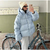 Women Striped Hooded Cotton Jacket Long Sleeve Stand Zipper Buttons Thickening Padded Jackets Winter Casual Coat