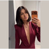 Sexy Burgundy Deep V-neck Mini Dress Women Elegant Full Sleeve Shoulder Pads Pleated Slim Short Dresses Lady Evening Party Gowns