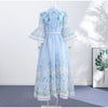 Floral Print Women Dress Button Down Mock Neck Maxi Dresses Long Lantern Sleeve A-Line Waist Belt Flared Hem Elegant Streetwear