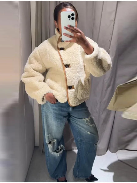Chic Faux Suede & Fur Reversible Jacket For Women Lapel Single Breasted Pocket Coat Lady Winter Warm Outerwear