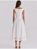 Minimalist White Boat Neck Midi Dress Women Elegant Cap Sleeve A-line Flare Eyelet Embroidery Vestido Wedding Formal Party Gown