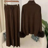 2 Pieces Sets For Women High Neck Loose Sweater With Fox Fur Cuffs Wide Leg Trousers Spring Winter 2DB1757