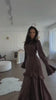 High Neck Ruffled Bell Sleeve Belted Waist Tiered Hem Elegant Maxi Dress Women Formal Evening Gown