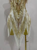 Stock Women Sexy Stretch Mesh Sparkly Rhinestone Tassels Mini Dress Nightclub Singer Dance Stage Costume Evening Gowns