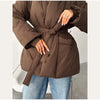 Elegant Women's Padded Jacket With Belt Winter Lace Up Waist Cinching V Neck Warm Coats Lady Casual Street Outerwear