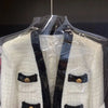 Autumn Women's Blocking Tweed Short Suit Coat V-Neck White Streetwear Elegant Casual Slim Outwear Crop Top