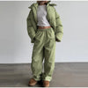 Street Stripe Cotton Padded Coat Pant Women Set Loose Full Sleeve Hooded Zipper Jacket Elastic Waist Pants Winter Lady Suit