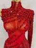 Stage Costume Sparkly Rhinestones Tassel Sexy See-Through Dress Women One Shoulder Latin Dance Bars Nightclub Party Outfits