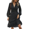 Spring Autumn Dots Print Elastic Waist Dresses Women V Neck Long Sleeve Dress Female Office Commuter Casual A-line Gown