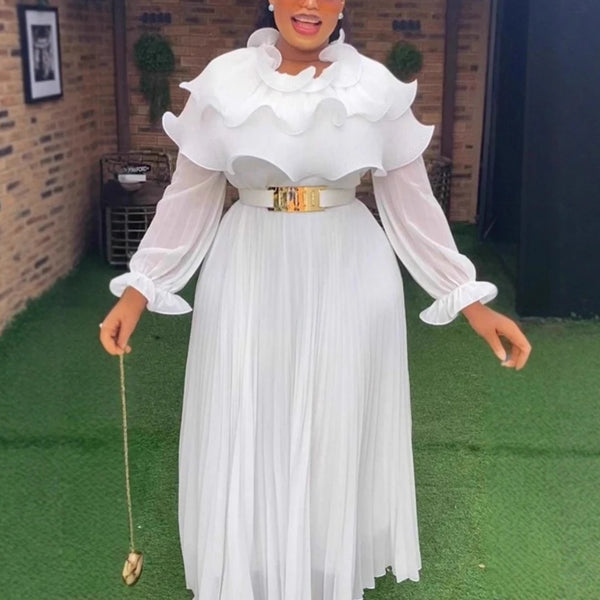 White Pleated Chiffon Maxi Dress Tierred Ruffled Collar Puff Sleeves Women Elegant Events Weddings Special Occasions