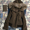 Winter American Vintage Harajuku Hooded Jacket Women Slim Brown Fur Collar Short Coat Casual Streetwear Chic Outerwear