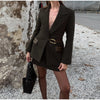 Blazer With Metal Buckle Belt High Waist Pleated Women Mini Skirt Lapel Contrast Pocket Herringbone 2 Piece Suit Vintage Pattern