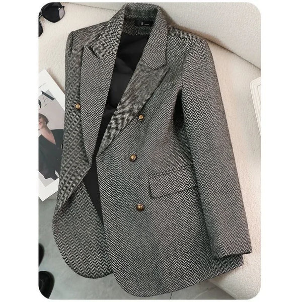 Retro Elegant Women's Long Sleeve Suit Jacket Casual Loose Fit Korean Autumn Casual Notched Collar Business Blazer Top