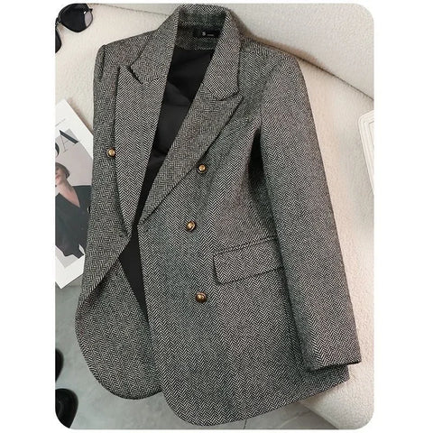 Retro Elegant Women's Long Sleeve Suit Jacket Casual Loose Fit Korean Autumn Casual Notched Collar Business Blazer Top