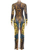 Sexy See Through Dress Woman Butterfly Print Metal Ring Hollow Full Sleeve Splits Clubwear Midnight Elegant Bodycon