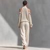 Boho Women's Two Piece Outfit Cold Shoulder Hollow Out Turtleneck Knit Sweater and High Waist Wide Leg Pants Casual Matching Set