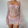 Sexy Sequined Knitted Sweater Party Dresses 3 Piece Skirt Sets Womens Outfits Flare Long Sleeve See Through Clue Wear Dress
