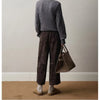 Retro Leather Ankle-Length Pants Women Elastic Waist Suede Sheepskin Wide Leg Length Straight Cylinder Trousers Black brown