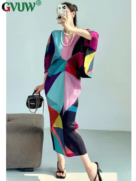 Pleated Batwing Sleeves Dress For Women's Autumn High End And Relaxed Print V-neck Holiday Dresses 17G1980