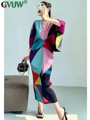 Pleated Batwing Sleeves Dress For Women's Autumn High End And Relaxed Print V-neck Holiday Dresses 17G1980