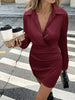 Satin Long Sleeve Short Dress Women's Vintage Waist Cinched Pleated Folds Turn Down Collar Mini Skirt Autumn Winter