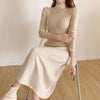 Autumn Winter Slim Long Sleeve Party Midi Dress for Women Knitted Half High Collar Elegant Knitted Sweater Dresses Ladies