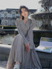 Spring Elegant V-Neck Midi Dress Office Lady Long Sleeve Casual One Piece Dress Korean French Vintage Chiffon Dress Women