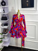 Women Tie Dye Print Flare Long Sleeve V-neck Sashes Ruffle Mini Dress Elegant Sexy Vacation Party Birthday Dresses