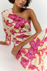 Rose Printed Satin Dress Womens Elegant High Waist Boho Maxi Dress Sexy One Shoulder Long Sleeve Women Party Dresses