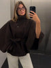 Women's Brown Belt Cropped Poncho Jacket For Women Demi-season Button Cape Cloak Coat Jackets Winter Autumn Spring Black White